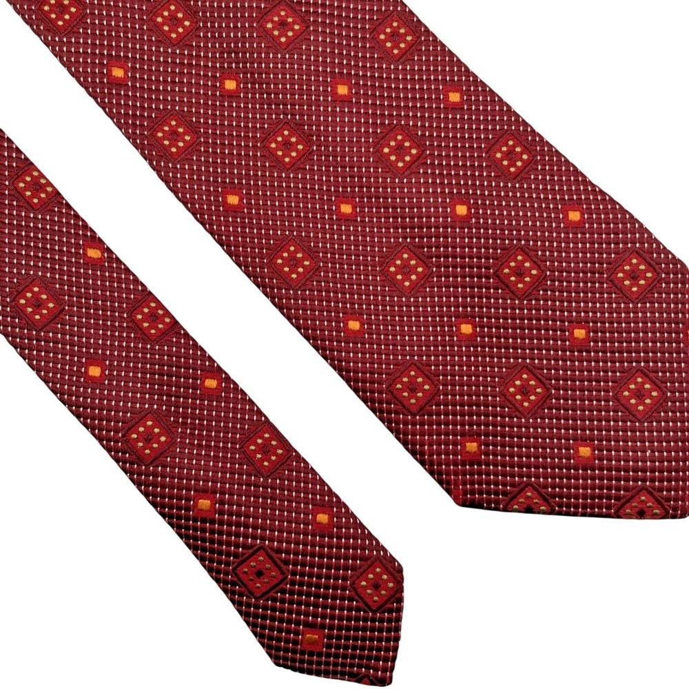 Ermenegildo Zegna Silk Tie Mens Red Gold Geometric Dot Necktie Italy 60.5x3.5"